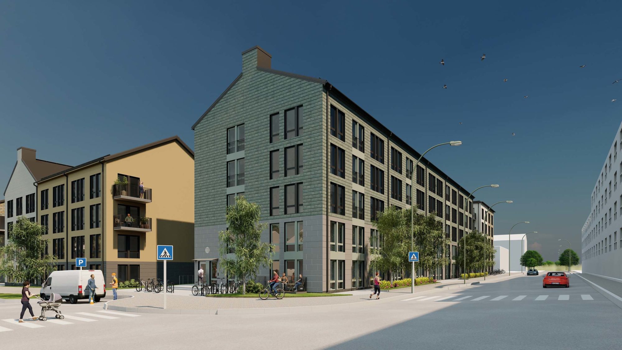 Nybyggnation kvarter med flerbostadshus och parkeringsgarage med modulär byggkoncept.